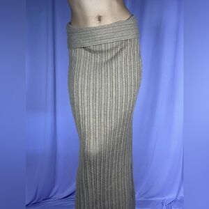 Beige Ribbed Thick Knit Fold Over Maxi Skirt Womens Size S Boho Minimalist Cozy